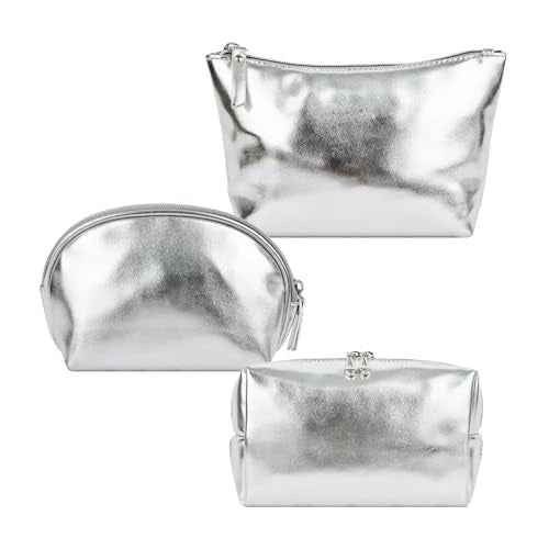 3pcs Make up Bag Set Travel Makeup Bags for Women Leather Cosmetic Bag Toiletry Organizer Bag Personalized Makeup Pouch Skincare Bag Silver