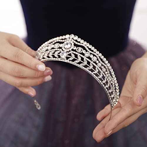 JWICOS Crystal Rhinestone Queen Bride Tiara Crown for Women Brides Headdress Vintage Bridal Birthday Prom Wedding Tiaras and Crowns Hair Jewelry Accessories Silver
