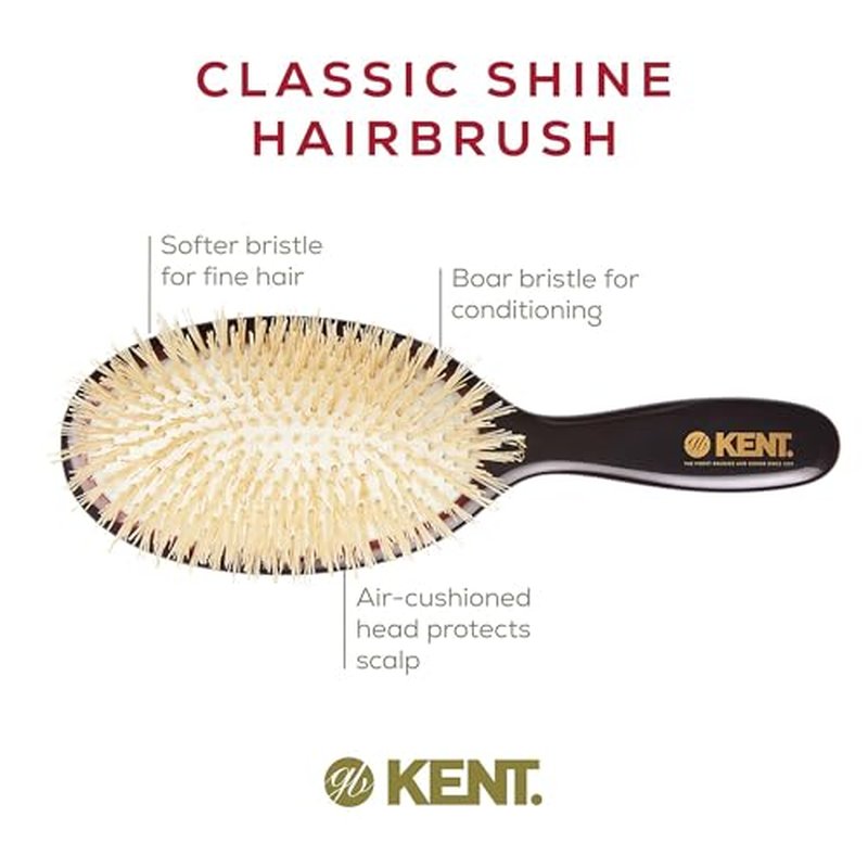 Kent CSGM 7.75" Classic Shine Medium Oval Cushion Straightening Brush and Hair Detangler - Soft White Boar Bristle Hair Brush - Shine Hair Brush and Scalp Scrubber for Mid-Length Fine or Thinning Hair