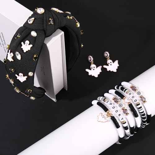 Halloween Headbands & Accessories - Jeweled Ghost Candy Corn Knotted Headband, Bracelets, Earrings & Hair Accessories for Women - Halloween Outfits (Pattern A)