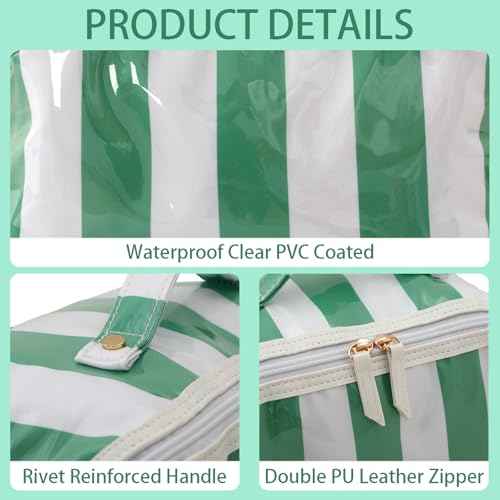 DYSHAYEN Stripe Travel Makeup Bag with Compartments Clear Coated Cosmetic Bag for Women, Waterproof Portable Open Flat Toiletry bag £¨White-Green£©