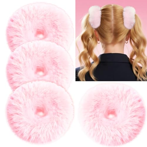 YGDZ 4PCS Pink Pom Pom Hair Ties, Furry Faux Rabbit Fur Light Pink Scrunchies, Hair Ties Ponytail Holders, Hair Accessories for Girls Women