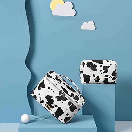 MIRASON Makeup Bag Travel Toiletry Bag for Women, Cute Make Up Bag Set of 3 for Purse Pouch Zipper Makeup Organizer Bag PU Leather Washable Waterproof Cosmetic Bag (Cow Print)