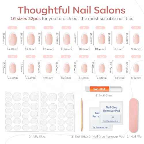 modelones French Tip Press On Nails, Short Oval Fake Nails Press Ons with Nail Glue, Adhesive Tabs, Nail File, Prep Pad, Manicure Stick, 32Pcs 16 Sizes, Nude, Christmas