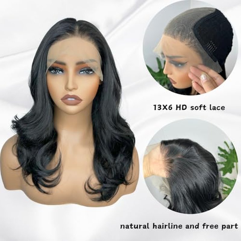 13X6 Body Wave Lace Front Wigs Black Wavy Synthetic Lace Front Wig HD Glueless Lace Wigs Pre Plucked Natural Hairline With Baby Hair 18 Inch Wear And Go Wigs For Black Women