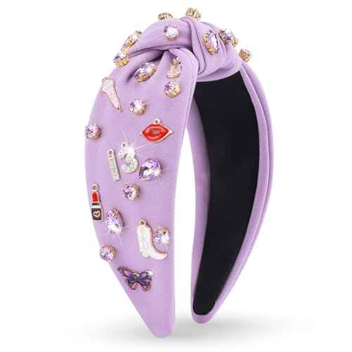 Music Jeweled Knotted Headband for Women, Guitar Red Lip Microphone Rhinestone Crystal Embellished Top Knot Hairband, Fashionable Hair Accessories for Singer Fans Birthday Concert Gift (Purple)