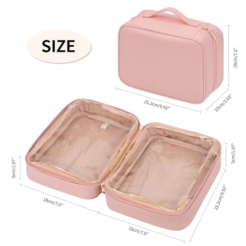 OCHEAL Makeup Bag, Makeup Travel Bag Large Capacity Cosmetic Organizer Bag with Makeup Brush Compartment & Handle for Women Girls Travel Toiletry Accessories-Pink