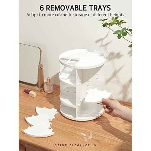 Syntus 360 Rotating Makeup Organizer, DIY Adjustable Bathroom Makeup Carousel Spinning Holder Rack, Large Capacity Cosmetics Storage Box Vanity Shelf Countertop, Fits Makeup Brushes, Lipsticks, White