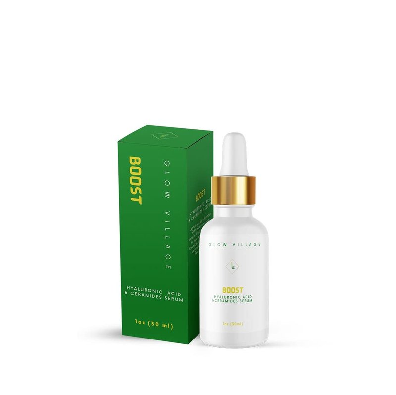 Glow Village Boost Hyaluronic Acid and Ceramides Serum | Non-Oily, Vegan, Lightweight | Moisture boosting, Barrier protecting, Daily and Nightly use, effective for All Skin Types | 1 oz