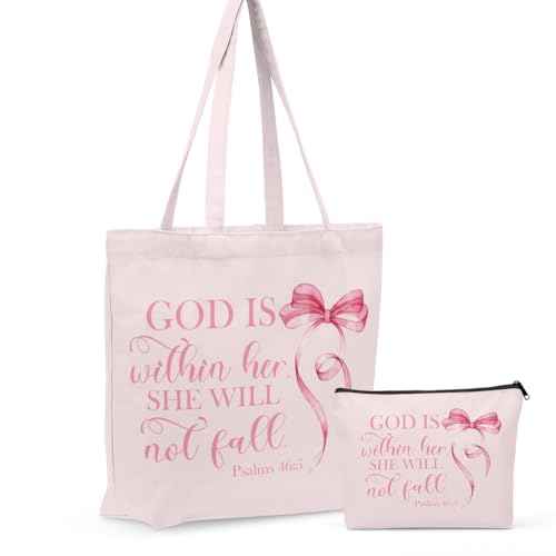 Christian Gifts for Women, Girls Preppy Bow Canvas Tote Bag Makeup Bag Set, Inspirational Bible Verse Religious Gifts Anniversary Nurse Mothers Day Reusable Grocery Bags Travel Cosmetic Bags