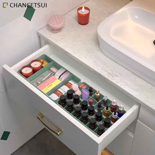 Stackable Drawer Organizer, 3 PCS Versatile Bathroom and Vanity Drawer Organizers Trays Makeup Organization and Storage Set for Lipstick, Lip Gloss, Nail Polish, Cosmetics, Skincare, Jewelry, Green