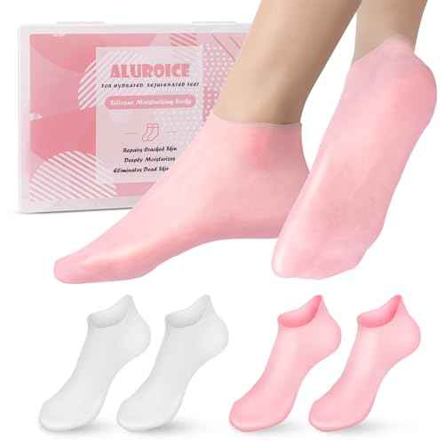 2 Pairs Silicone Moisturizing Socks for Dry Cracked Feet Women, Soft Gel Pedicure Foot Spa Aloe Socks, Anti-Slip Moisturizer Socks for Dry Cracked Feet Overnight Foot Care Pink&White