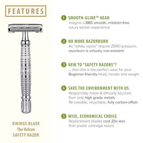 VIKINGS BLADE Double Edge Safety Razor for Men + 5 Swedish Steel Blades + Luxury Case. Long Handle. Smooth, Reusable, Eco-Friendly (The Vulcan)
