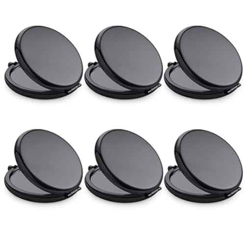 Compact Mirror, Pocket Travel Makeup Mirror for Purse, Metal Round Shell, 2-Sided 1X/2X Magnifying, Portable, Folding, Handheld, Black, 6 Pack