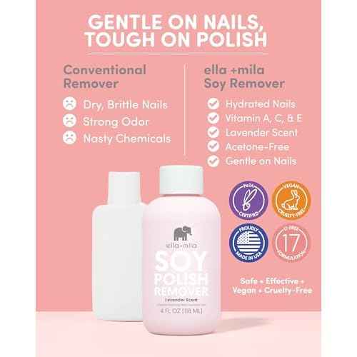 ella+mila Soy Nail Polish Remover - Non-Acetone, Non-Toxic Fingernail Polish Remover for Natural Nails - Gentle, Vegan Formula with Lavender Oil & Vitamins A, C & E (4 fl oz)