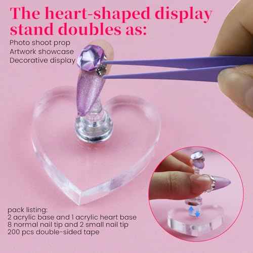 Nail Stand For Press Ons extra-high Nail Tip Holder For Painting Art Magnetic Acrylic Display, Heart Nail Stand, 200PCS Double Sided Tape For Fake nails,Nail Decorating Accessories Kit For Beginners Home, Salon