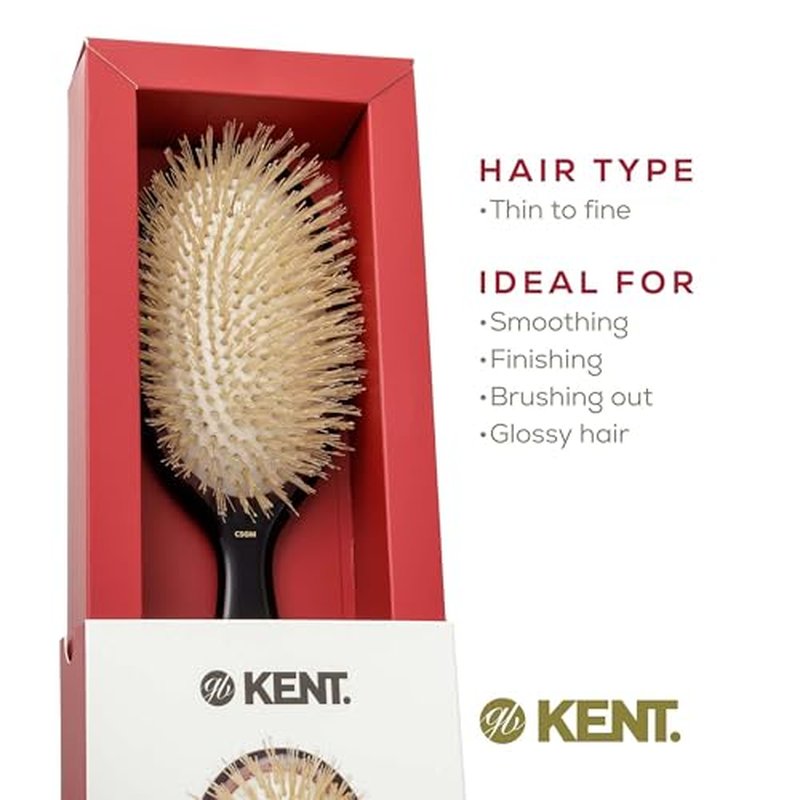 Kent CSGM 7.75" Classic Shine Medium Oval Cushion Straightening Brush and Hair Detangler - Soft White Boar Bristle Hair Brush - Shine Hair Brush and Scalp Scrubber for Mid-Length Fine or Thinning Hair
