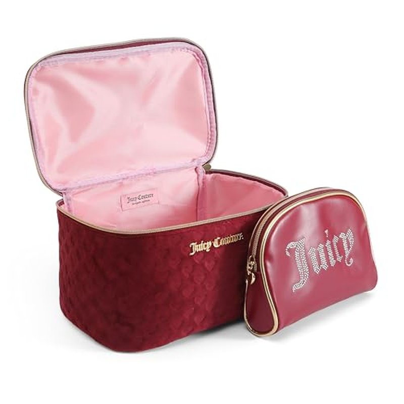 Juicy Couture Red Makeup Bag Cosmetics Organizer Travel Essentials Train Case Coin Purse Velour Heart Faux Leather Rhinestone