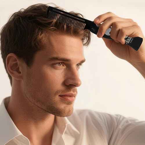 Metal Hair Styling & Beard & Mustache Folding Pocket Comb, Multifunctional EDC Grooming Tool With Bottle Opener - Anti-Static for Outdool Travel & Daily Grooming - Black