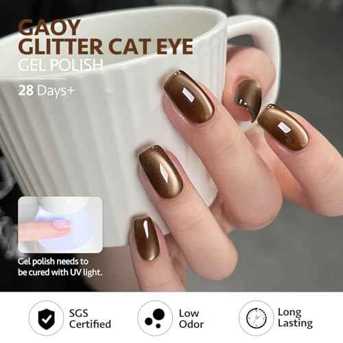 GAOY Jelly Brown Cat Eye Gel Nail Polish Set with Magnet for Glitter Holographic Cat Eye, Salon UV Gel Manicure and Nail Art DIY at Home, Sparkling Amber