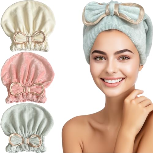 Jseng Microfiber Hair Towel Caps for Wet Hair with Cute Bowtie, 3Packs Fast Drying Hair Towel Caps for Long Curly Hair Women
