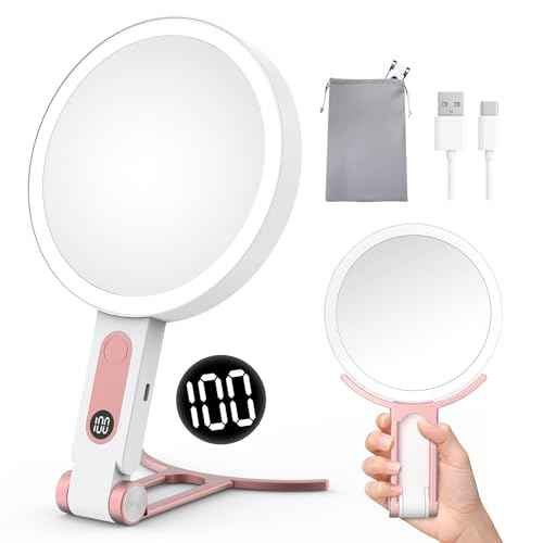 Travel Makeup Mirror with Lights, 1X/20X Magnifying Mirror with Light & LED Display, 2-Sided Rechargeable Desk Mirror with 3 Color Lighting and Touch Control ,Portable Vanity Mirror,Rose-Gold