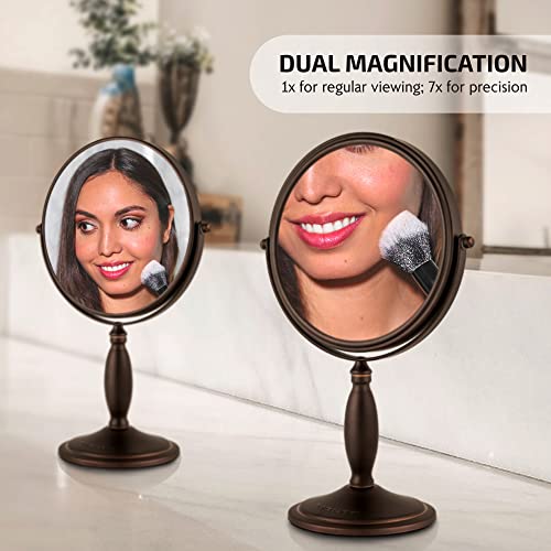 OVENTE 8'' Tabletop Makeup Mirror with 1X/7X Magnification, 360¡Æ Swivel Design and Double-Sided Free-Standing Vanity Mirror Perfect for Dresser, Bedroom and Office Desk, Antique Bronze MNLAT80ABZ1X7X