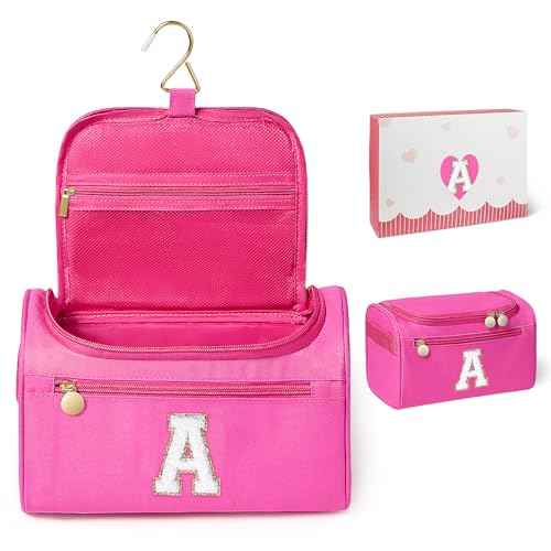 COSHAYSOO Initial Girls Hanging Toiletry Bag Tween Preteen Teenager Christmas Birthday Gifts Basket Stuffers for Teen Girl 10-12 12-14 16-18 Travel Trip Favors College Dorm Essentials Pink Letter A