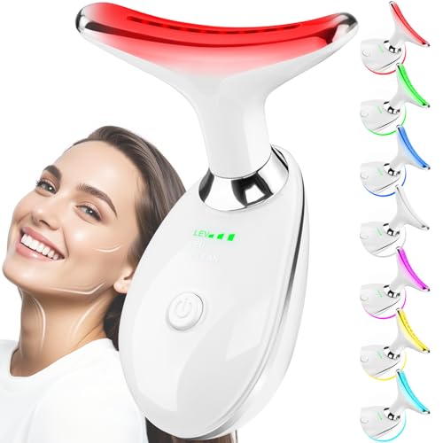 Face and Neck Massager Tool, 7 Colors LED Light Therapy Wand for Wrinkles, Double Chin, Portable Facial Massager with Vibrating and Thermals for Skin Care, Glossy White