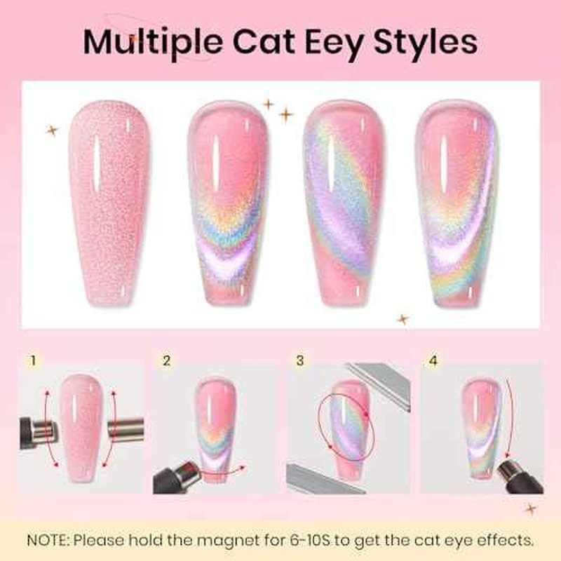 Cat Eye Gel Nail Polish Set With Magnetic, 5 Colors Translucent Nude Pink White Jelly Gel, Universal Rainbow Cat Eye, Glitter Holographic for Home DIY Manicure