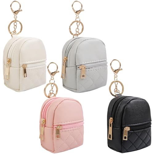 4Pcs Mini Backpack Keychain,Cute Cosmetic Bag for Women Christmas Gifts,PU Leather Makeup Bag Key Pocket Lipstick Bag Card Holder Data Cable Organizer Zipper Pouch (black beige pink gray)