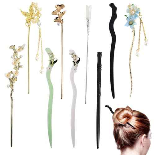 9PCS Vintage Hair Sticks, Chinese Hair Chopsticks for Women, Decorative Retro Hair Pins with Pearl and Metal Pendants, for Women and Girls Hair Styling Accessories