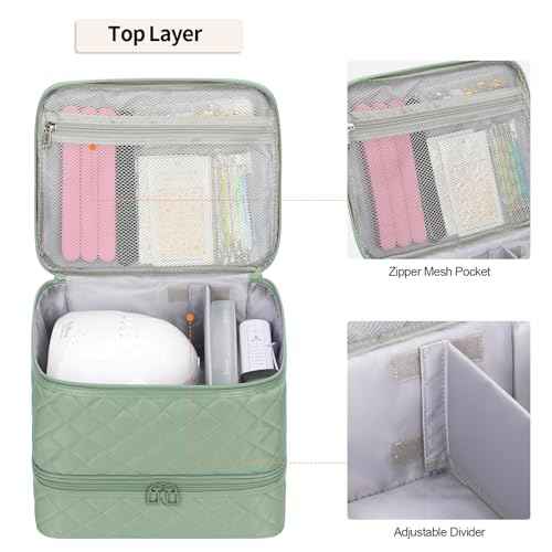 Ethereal Small Nail Polish Organizer Case Holds 30+ Bottles(15ml/0.5fl.oz) and Nail Lamp, Double Layer Nail Polish Storage Bag for Nail Kit, Manicure Tools, Green