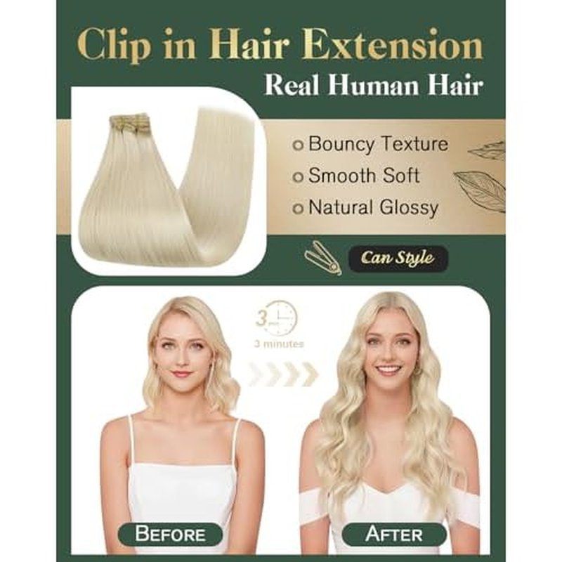 Ugeat Human Hair Clip in Extensions Blonde Clip in Hair Extensions Real Human Hair Platinum Blonde Clip in Hair Extensions for Women Blonde Hair Extensions 14 Inch 120g(105g Hair + 15g Clips)