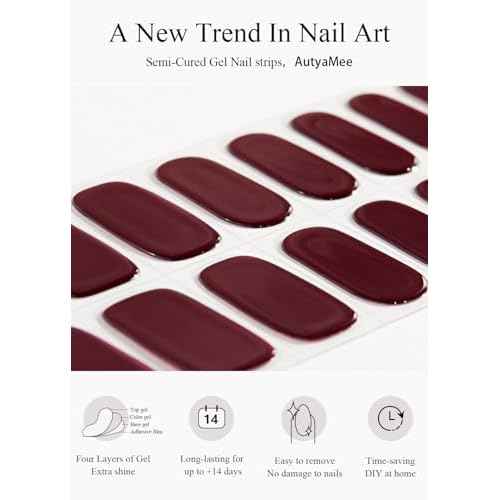 Semi Cured Gel Nail Strips (Burgundy Red), 20 Pcs Gel Nail Wraps, Stickers, UV Light Required, Salon Quality, Long Lasting