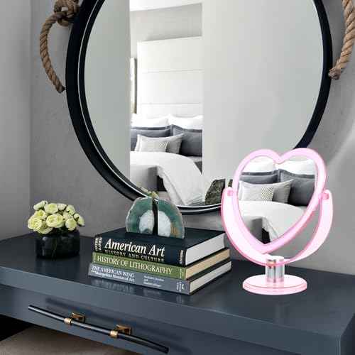 Heart Shaped Pink Makeup Mirror - Double-Sided Rotatable Vanity Mirror for Dresser, Desktop, Bathroom, Bedroom