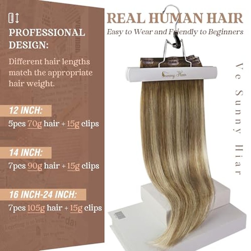 Ve Sunny Balayage Clip in Hair Extensions Brown Blonde Human Hair Clip in Extensions Ombre Hair Extensions Real Human Hair Clip ins Short Straight Hair Soft and Natural 100g 14in