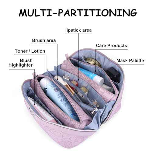 BOYATU Travel Makeup Bags Cosmetic Organizer Bag: 3-Set Large Capacity Make up Bag - PU Leather Toiletry Bags for Women - Wide Open Portable Pouch with Divider & Handle (01-Z-Light Purple)