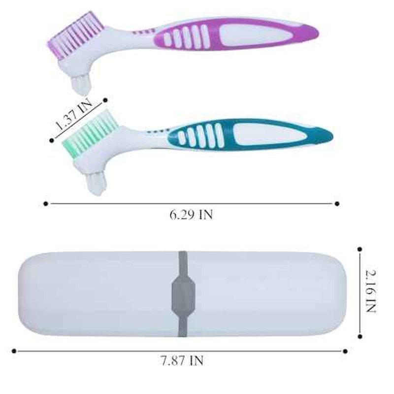 2Pcs Denture Brush False Teeth Toothbrush with 1 White Carrying Case, Effective Denture Cleaning Brush with Multi-Layered Soft Bristles,Green and Purple