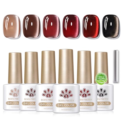 BORN PRETTY Cat Magnetic Eye Gel Nail Polish,Jelly Glass Crystal Brown Burgundy Wine Bloody Red Black Magnetic Gel Polish,Fall Winter Glitter Soak Off Nail Polish Art Salon Manicure Home Gift 7ML 6pcs