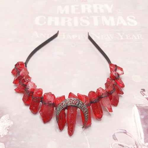 Bubbmi Red Raw Crystal Crown Headband, Natural Quartz Rhinestone Tiara Headpiece for Women Girls Christmas Party Photography Prop