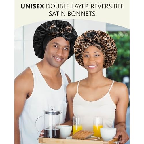 Satin Bonnet Silk Hair Wrap for Sleeping - Reversible Night Cap with Tie Band (Leopard + Black)