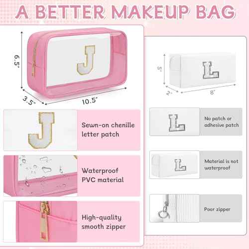 Personalized Initial Clear Makeup Bag, Travel Chenille Patch Cosmetic Bag, Preppy Toiletry Bag Monogram Cosmetic Pouch with Zipper, Ideal Gift for Teen Girls Women (Pink, J)
