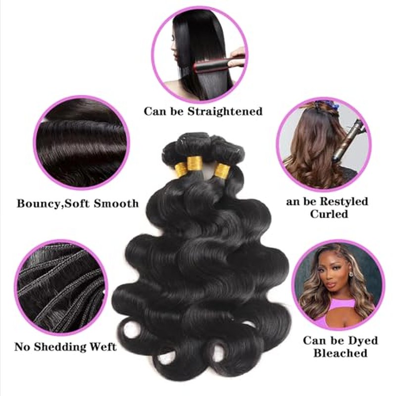 12A Human Hair Bundles 12 14 16 Inch Body Wave Bundles Human Hair 100% Unprocessed Brazilian Virgin Hair Body Wave 3 Bundles Deals Human Hair Extensions Quick Weave For Black Women Natural Black