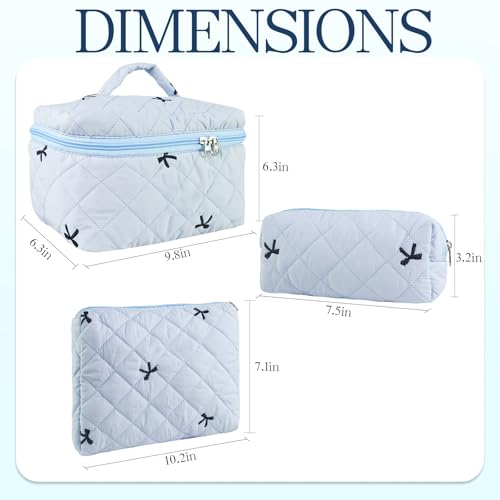 3Pcs Quilted Makeup Bag, Cute Floral Cotton Cosmetic Bag set, Coquette Bow Makeup Pouch Large Travel Toiletry Bag