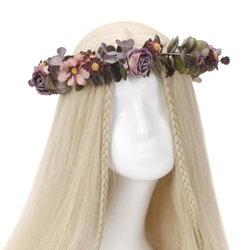 Purple Flower Crown Headband - Handmade Fairy Floral Headpiece Artificial Vintage Rose Flower Headbands with Ribbon for Women Girls Wedding Renaissance Party Cosplay Photo Shoot