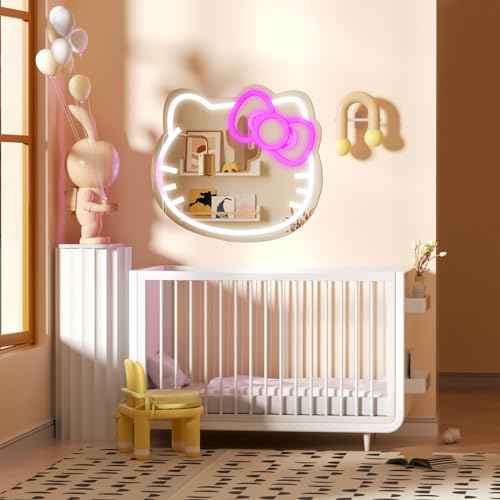 Anime Hello Kit Cat Neon Sign Mirror L16.1 W14 Vanity Mirror with Lights Bedroom Wall Mirror for Pink Room Decor and a Makeup Mirror with Lights Teen Girl Gifts