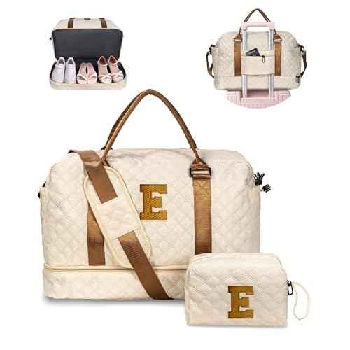 Girls/Kids Initial Duffle Bag with Shoe Compartment, Kids Personalized Travel Bags with Makeup Bag for Women with Trolley Sleeve & Wet Pocket, Gifts for Teenage Girl(Letter E)