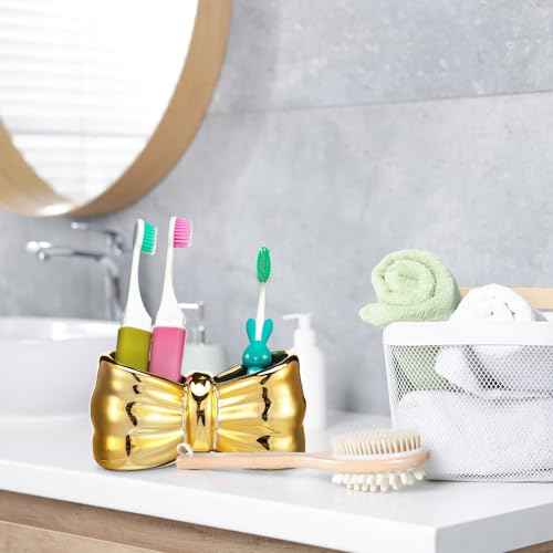 Chunful Gold Bow Toothbrush Holder Cute Ceramic Bow Shaped Toothbrush Makeup Brush Holder Organizer Comb Pen Pencil Storage Box Container Bathroom Vanity Countertop Accessories, for Bathroom Home