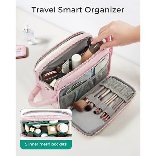 Travel Toiletry Bag for Women, Wide-open Makeup Bag Organizer, Puffy Make Up Case, Large Capacity Cosmetic Organizer for Women for Travel Essentials Toiletries Accessories (Nude Pink)
